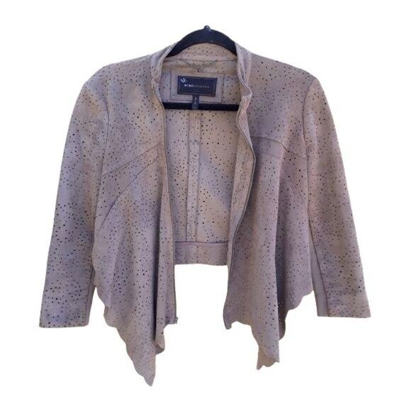 BCBGMaxAzria Faux Suede Perforated Scalloped Hem Asymmetrical Jacket Tan Sz XS - Picture 4 of 13